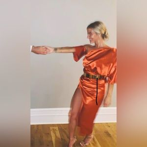 Orange, silk satin, off the shoulder, draped, cocktail dress